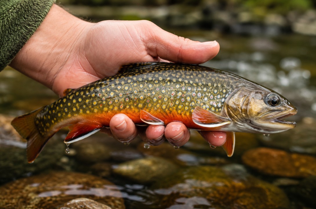 Brightly coloured brook trout held over a clear, cold Northern Ontario river