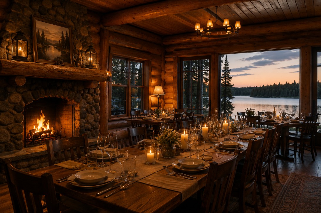 Warm lodge dining room with long wooden tables set for dinner and big lake windows