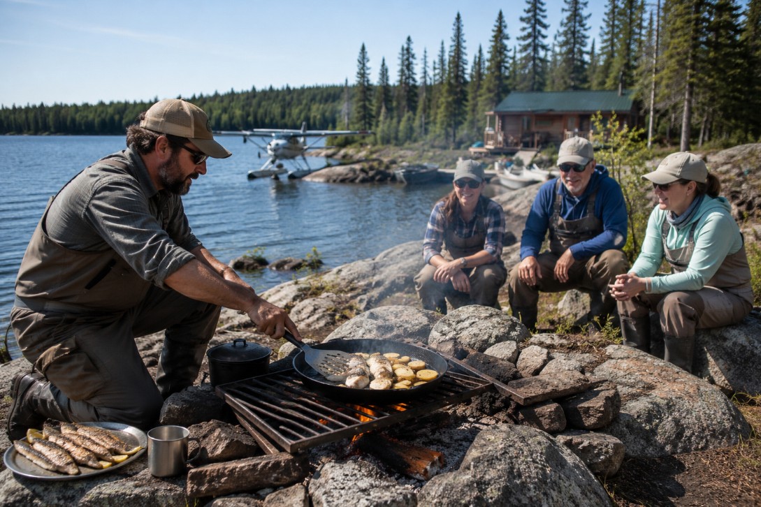 Fishing guide cooking fresh fish over an open fire on a granite shoreline