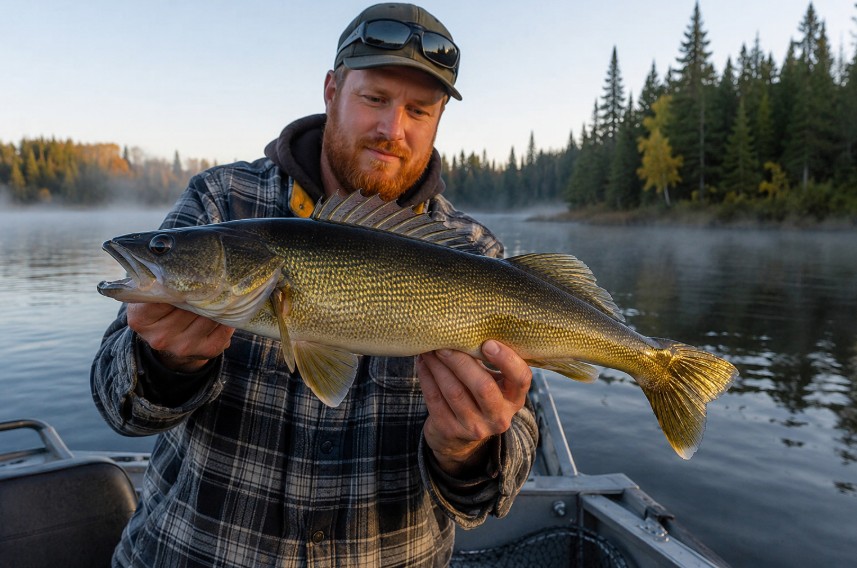 Angler holding a golden walleye beside a boat on a calm Northern Ontario lake