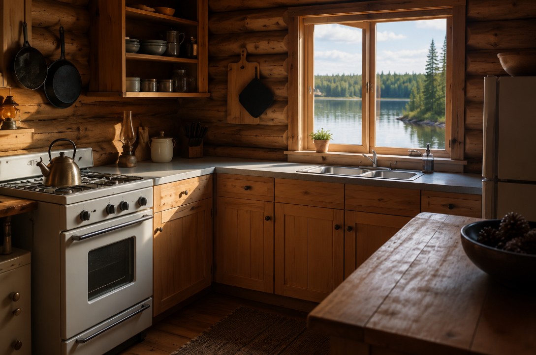 Interior of a clean, simple housekeeping cabin kitchen with a lake view out the window
