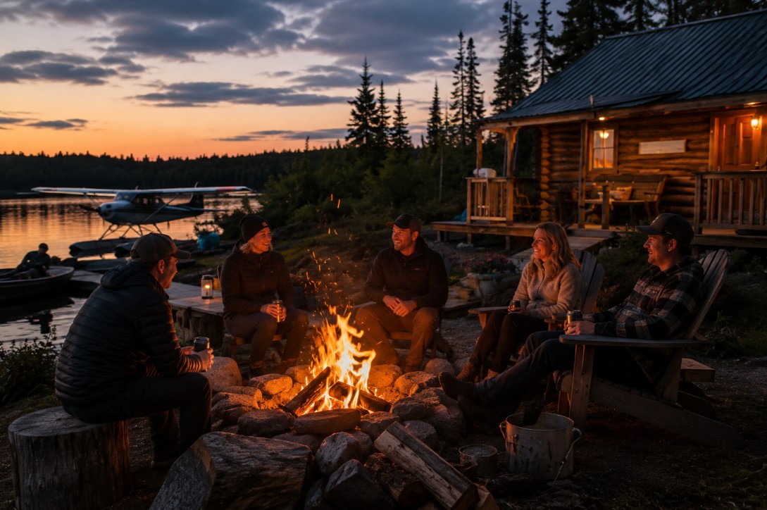 Group of friends around a lakeside campfire at dusk outside their cabin
