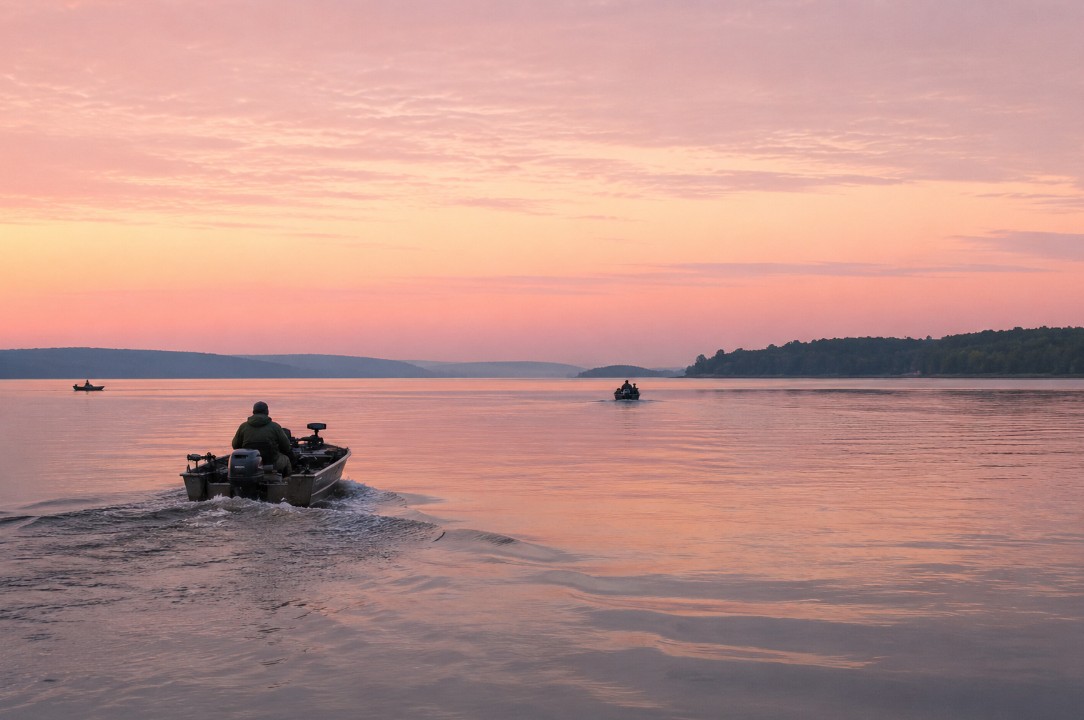 Fishing boats heading out at dawn across wide Lake Nipissing under a pink sky