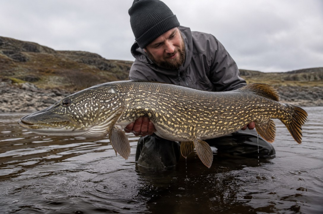 Angler lifting a massive northern pike from shallow, tea-coloured northern water