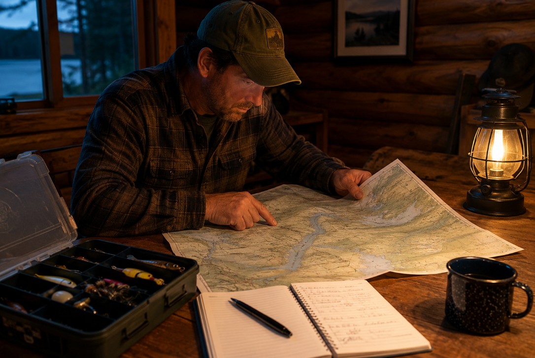 Angler at a cabin table reviewing a fishing map with a tackle box and paperwork