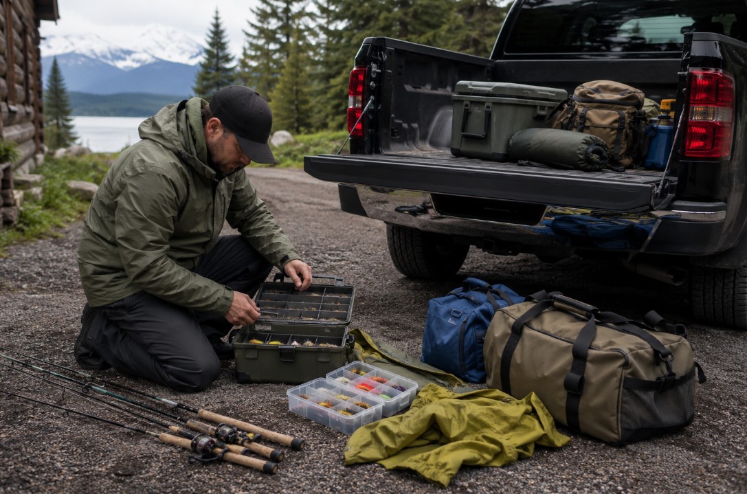Rods, tackle trays, rain jacket, and duffel bags packed neatly beside a truck