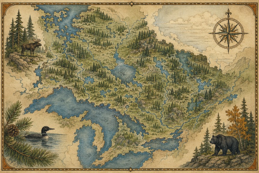 Stylized map view of Northern Ontario showing lakes, rivers, and boreal forest regions