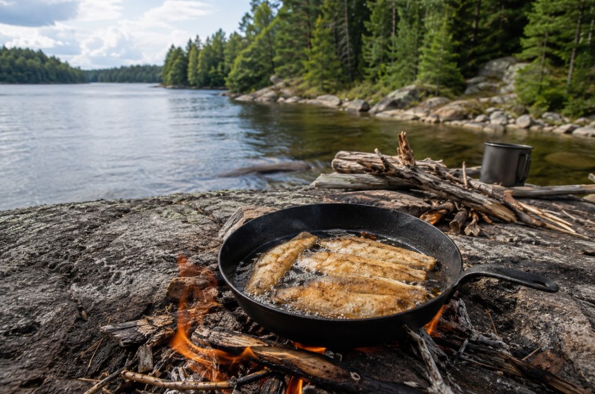 Classic Ontario shore lunch with fresh walleye frying in a cast iron pan on a rocky point