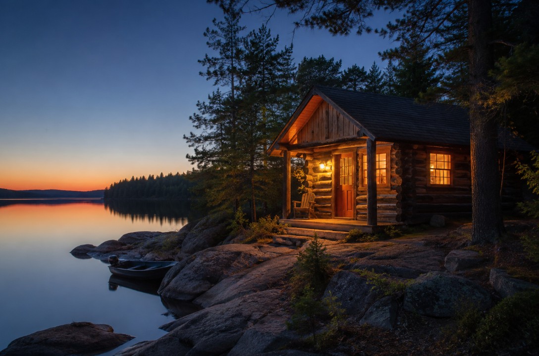 Cozy log housekeeping cabin on a rocky point overlooking a calm sunset lake