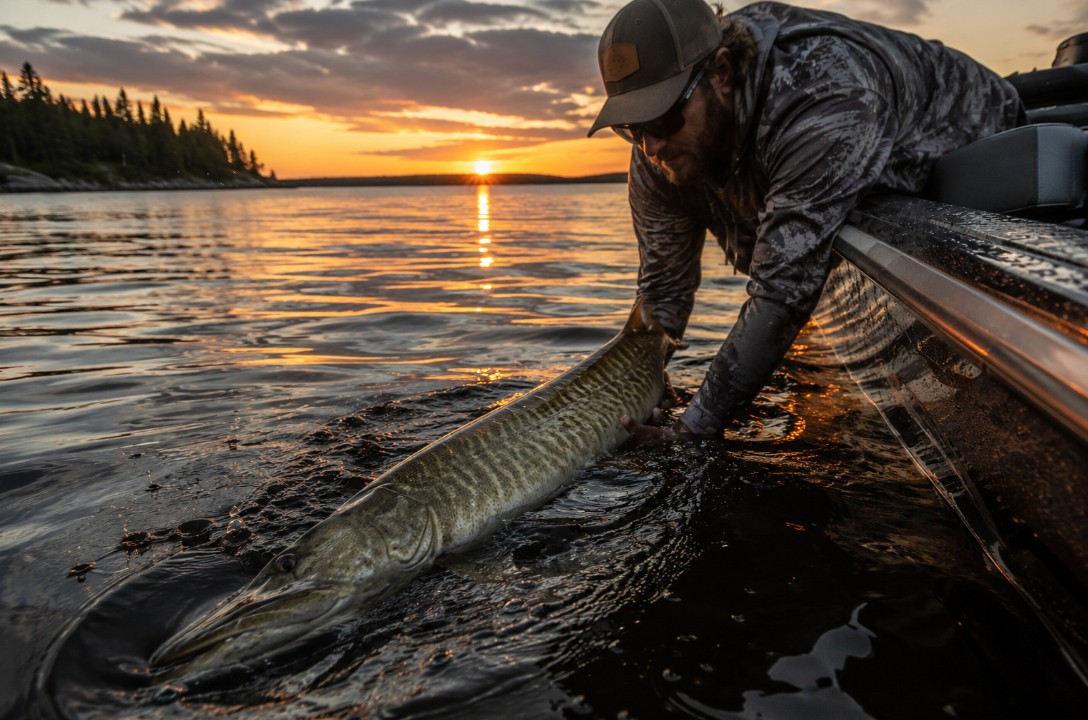 Angler releasing a huge muskie boatside at sunset on a Northwest Ontario lake
