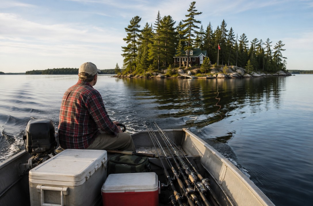 Small boat loaded with coolers and rods crossing to an island cabin