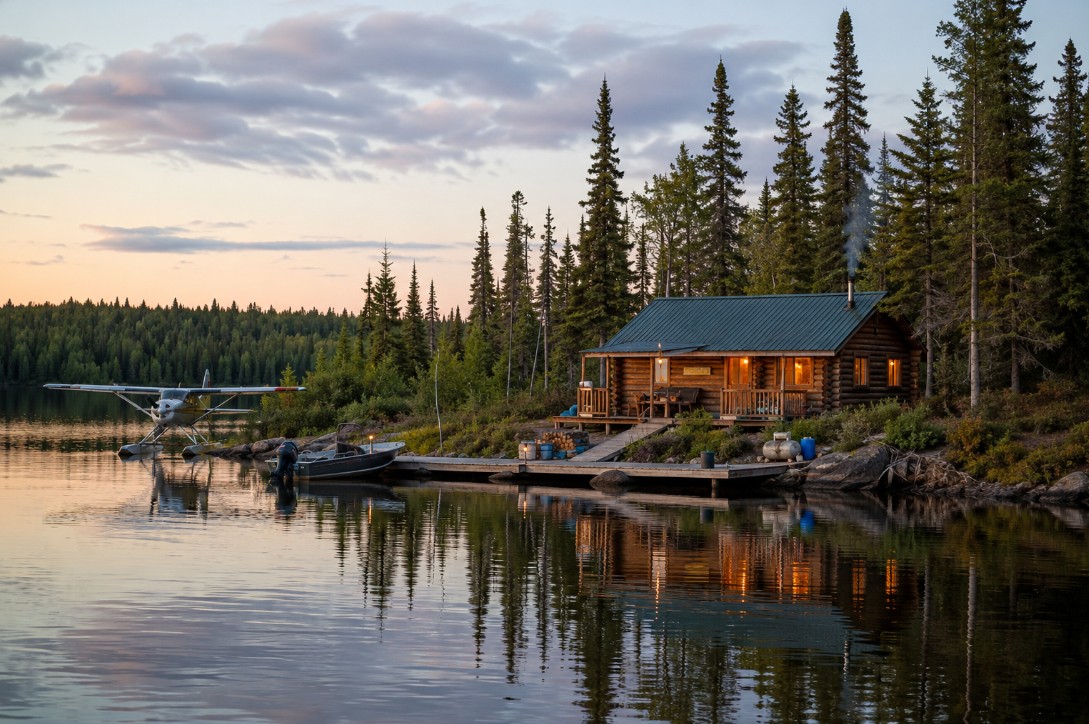 Remote fly-in outpost cabin with a dock, boats, and endless forest behind it